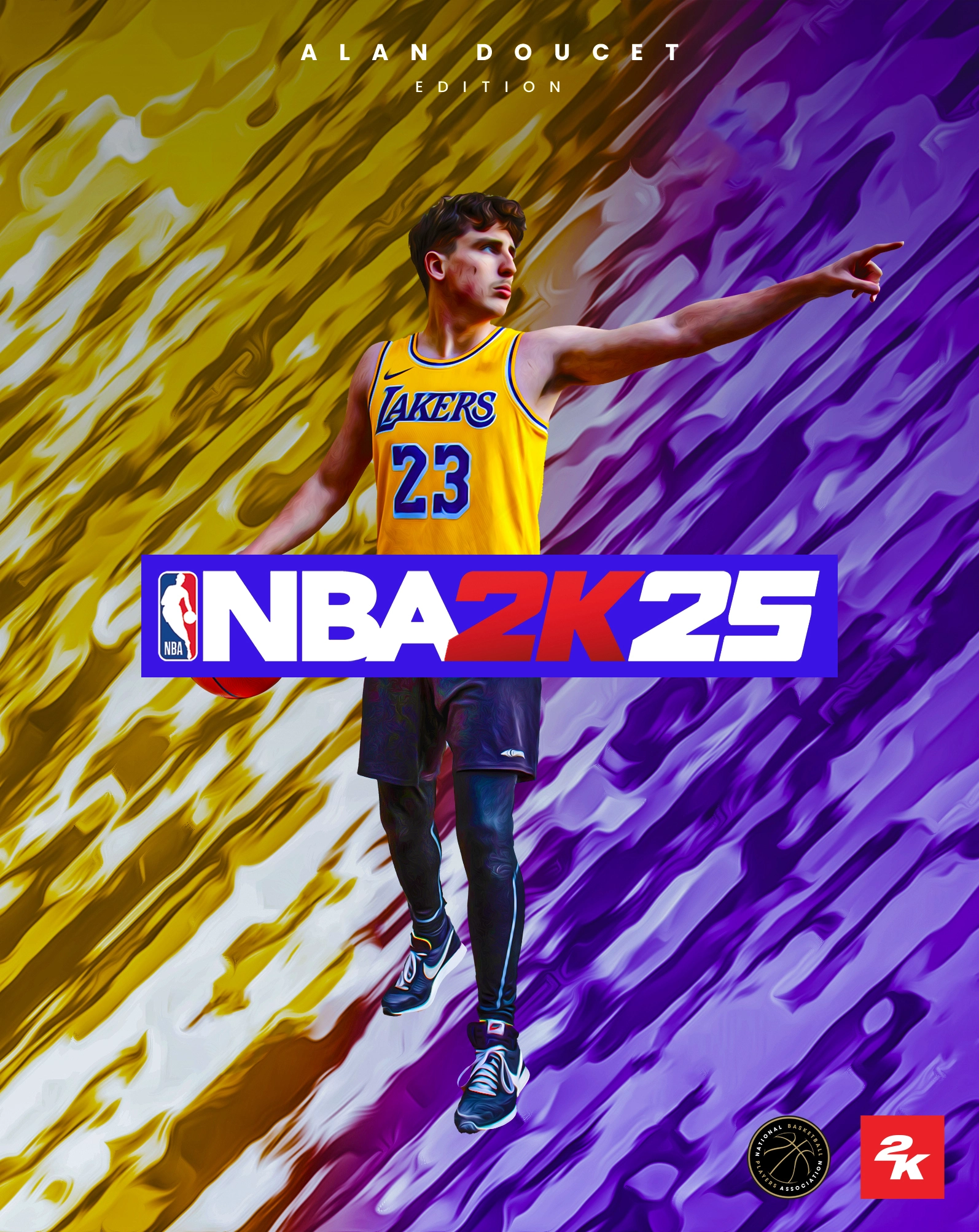 Représentation de Alan Doucet en joueur de basket-ball sur la jaquette de NBA 2K25.